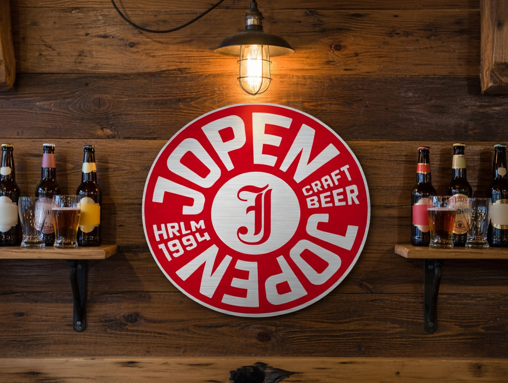Reclamebord Jopen bier logo aluminium, afmeting 40x40 cm
