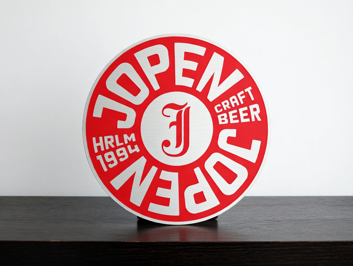 Reclamebord Jopen bier logo aluminium, afmeting 40x40 cm