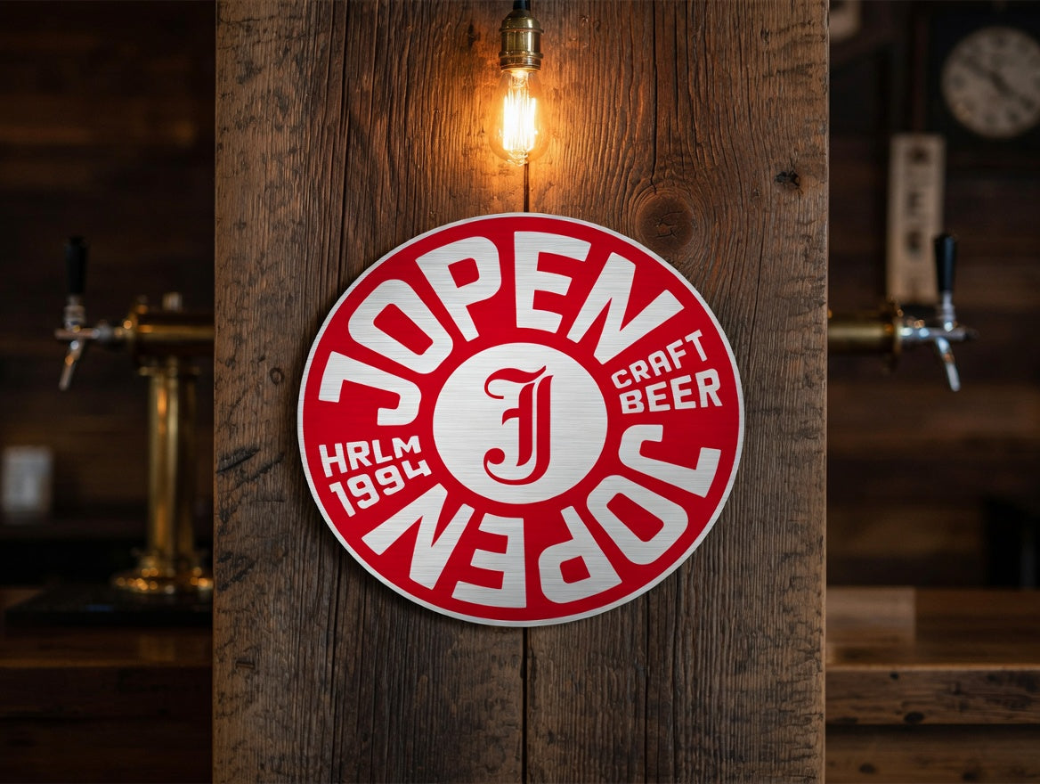 Reclamebord Jopen bier logo aluminium, afmeting 40x40 cm