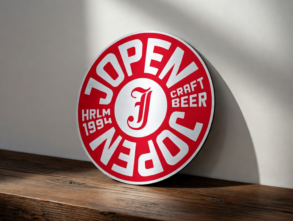 Reclamebord Jopen bier logo aluminium, afmeting 40x40 cm