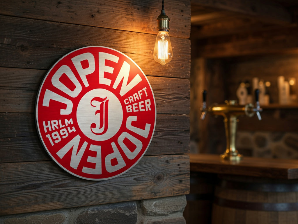 Reclamebord Jopen bier logo aluminium, afmeting 40x40 cm