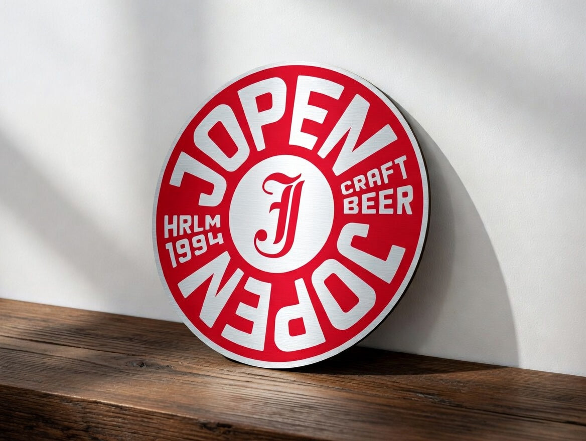 Reclamebord Jopen bier logo aluminium, afmeting 40x40 cm