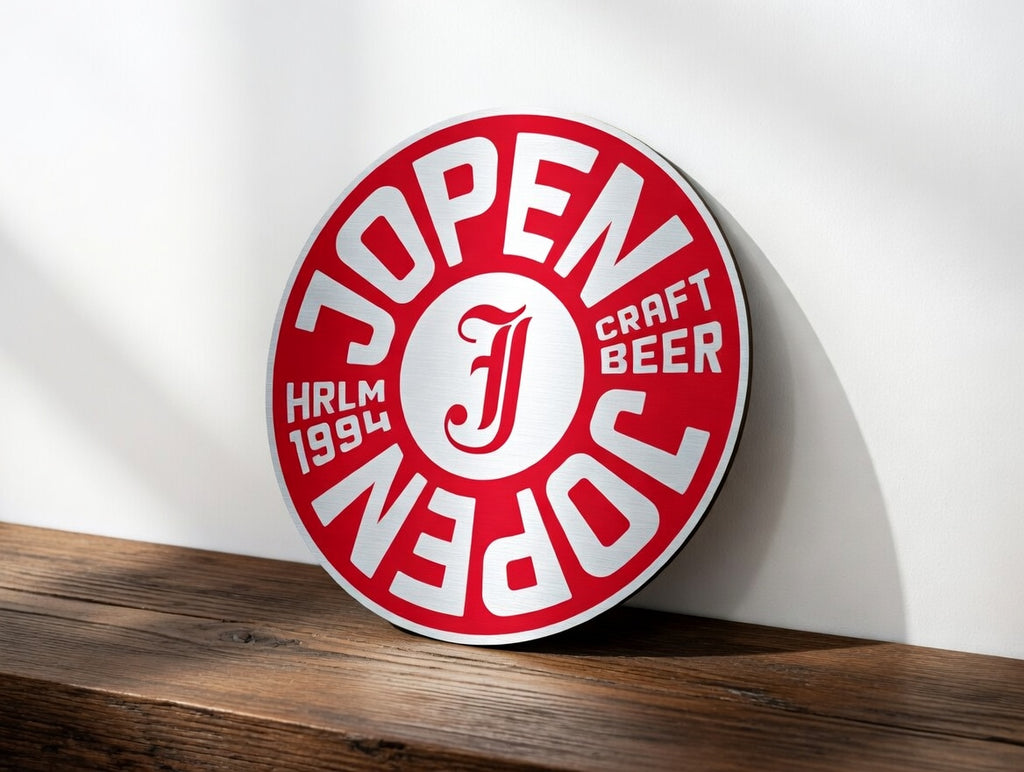 Reclamebord Jopen bier logo aluminium, afmeting 40x40 cm