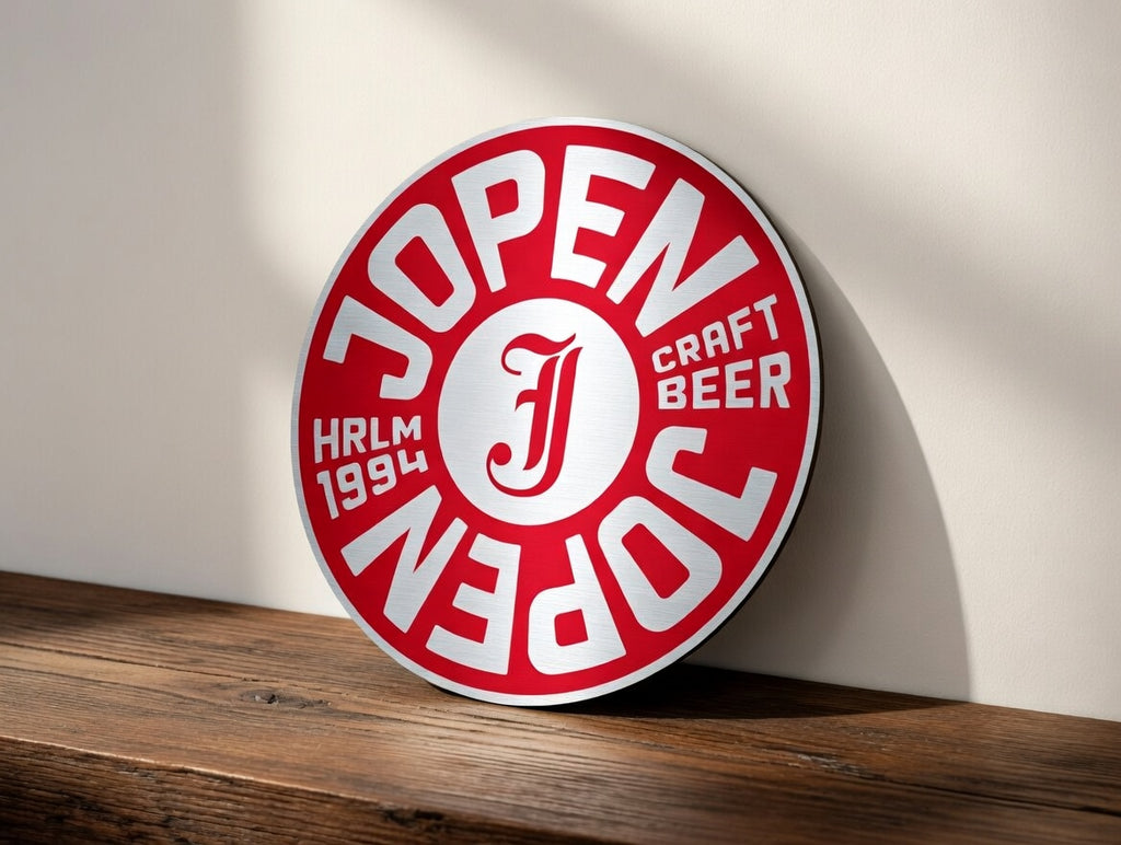 Reclamebord Jopen bier logo aluminium, afmeting 40x40 cm