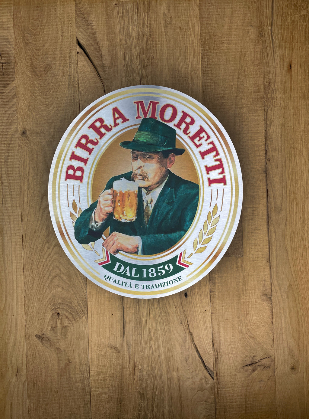 Reclamebord Birra Moretti bier aluminium, afmeting 40x45cm
