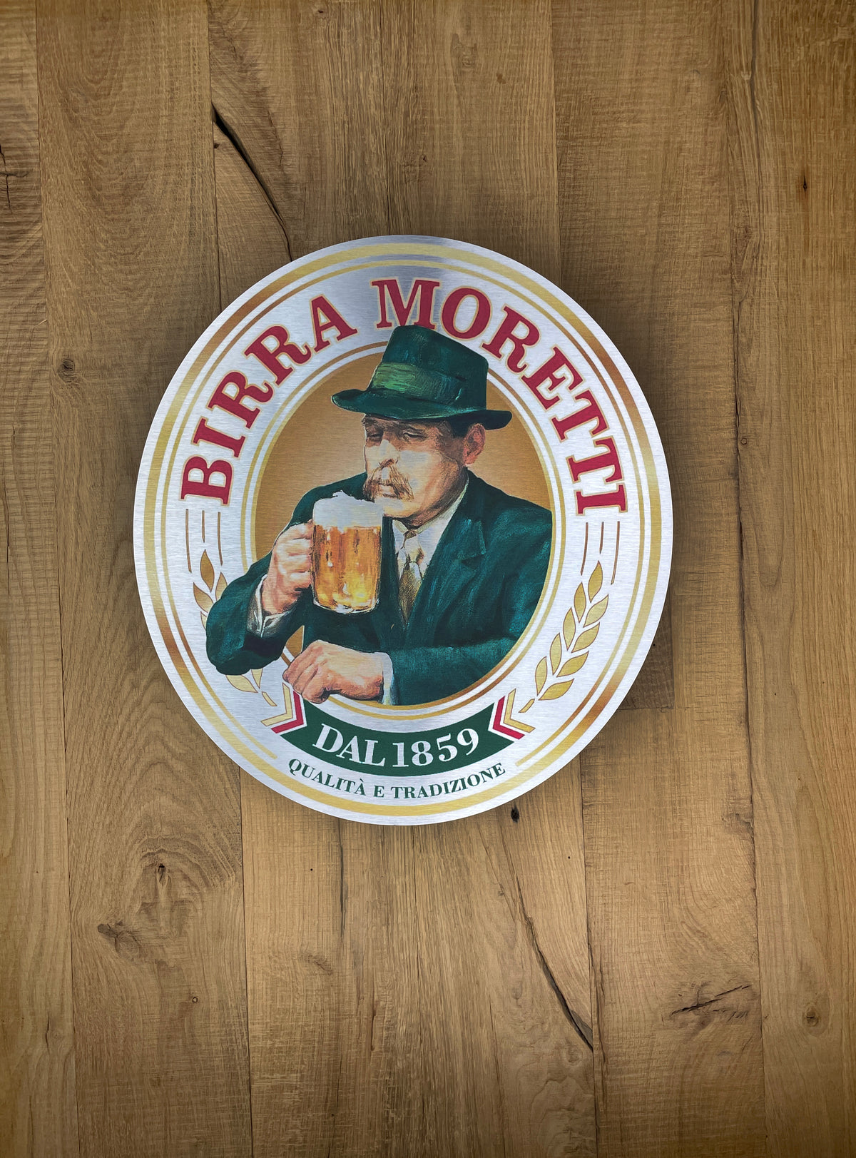 Reclamebord Birra Moretti bier aluminium, afmeting 40x45cm