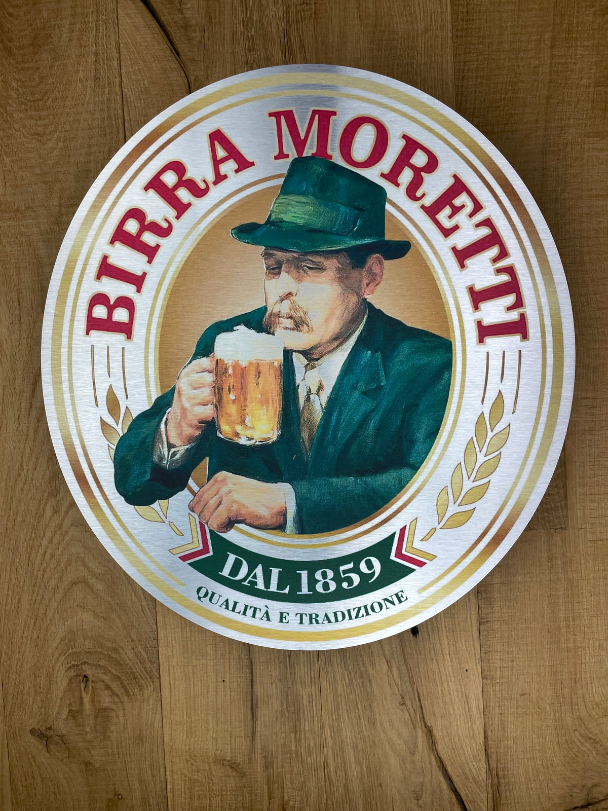 Reclamebord Birra Moretti bier aluminium, afmeting 40x45cm