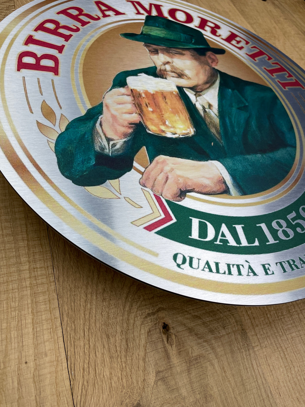 Reclamebord Birra Moretti bier aluminium, afmeting 40x45cm