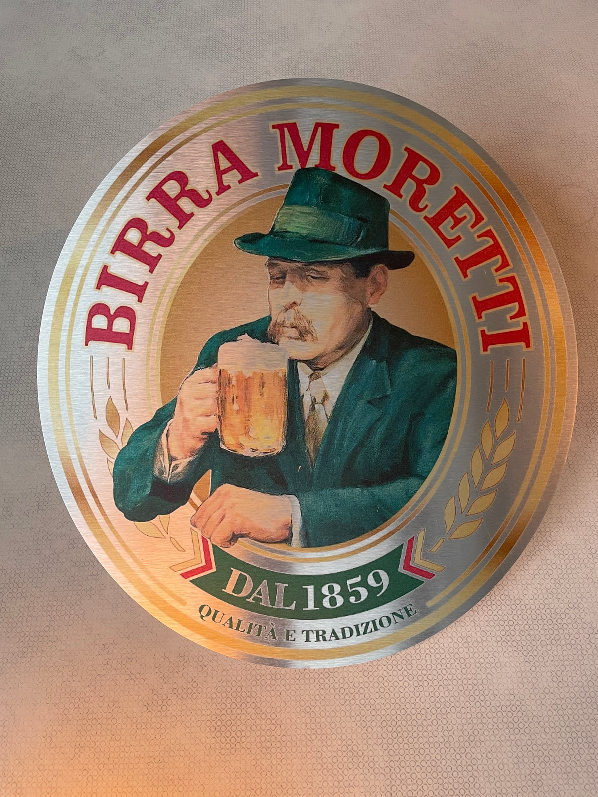 Reclamebord Birra Moretti bier aluminium, afmeting 40x45cm