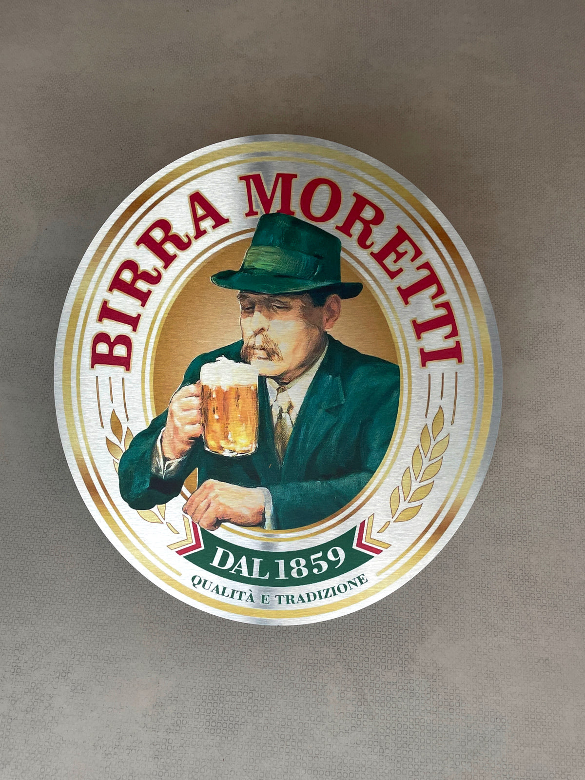 Reclamebord Birra Moretti bier aluminium, afmeting 40x45cm
