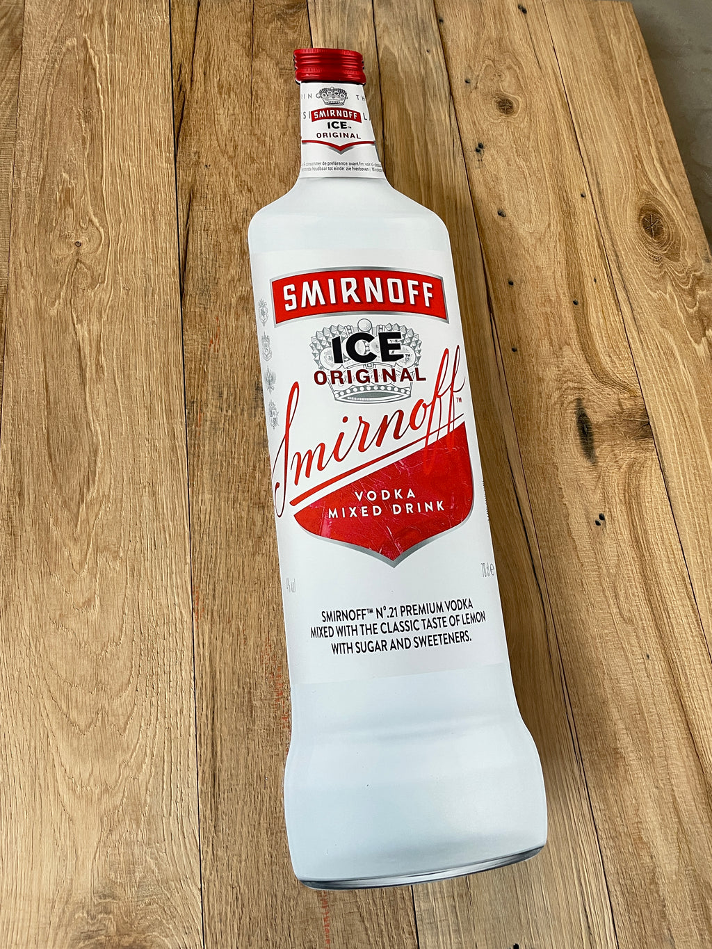 Reclamebord Smirnoff Ice Vodka fles groot, 17x70cm hoog, alu