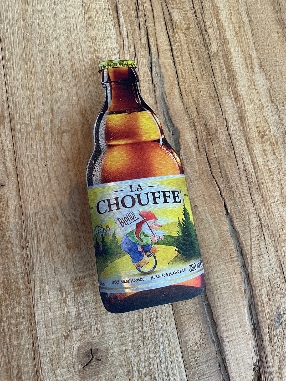 Reclamebord Chouffe bierfles groot, aluminium, afm 10x25 cm