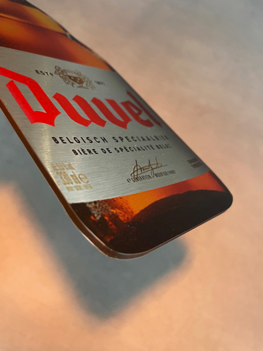 Reclamebord Duvel bierfles bord klein, aluminium, 10x25 cm