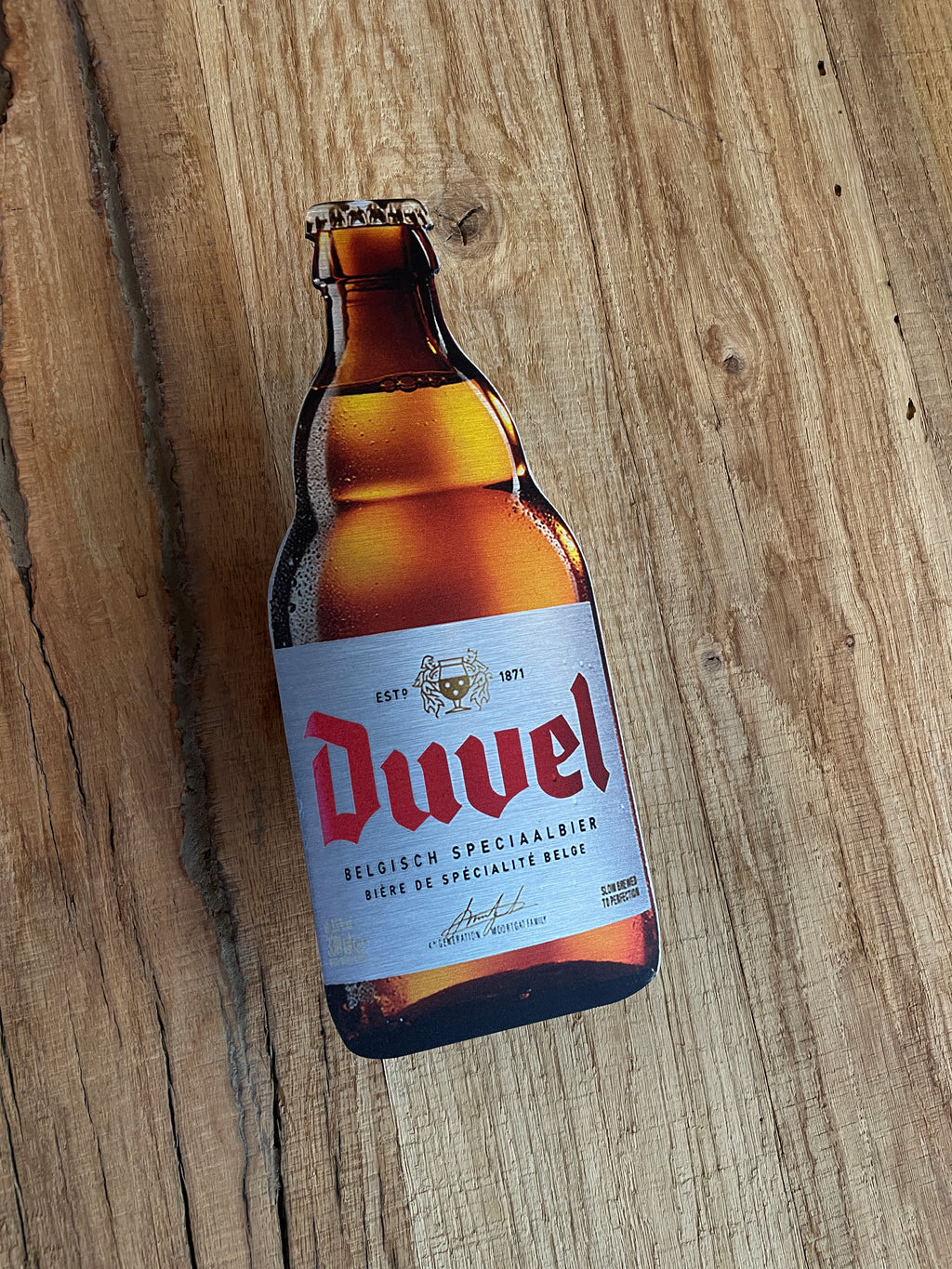 Reclamebord Duvel bierfles bord klein, aluminium, 10x25 cm